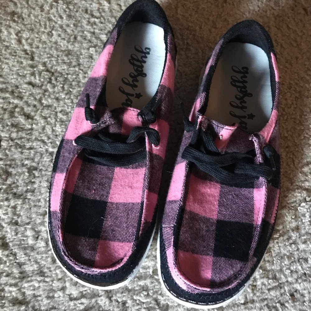 Gypsy Jazz Pink Buffalo Plaid Slip-Ons